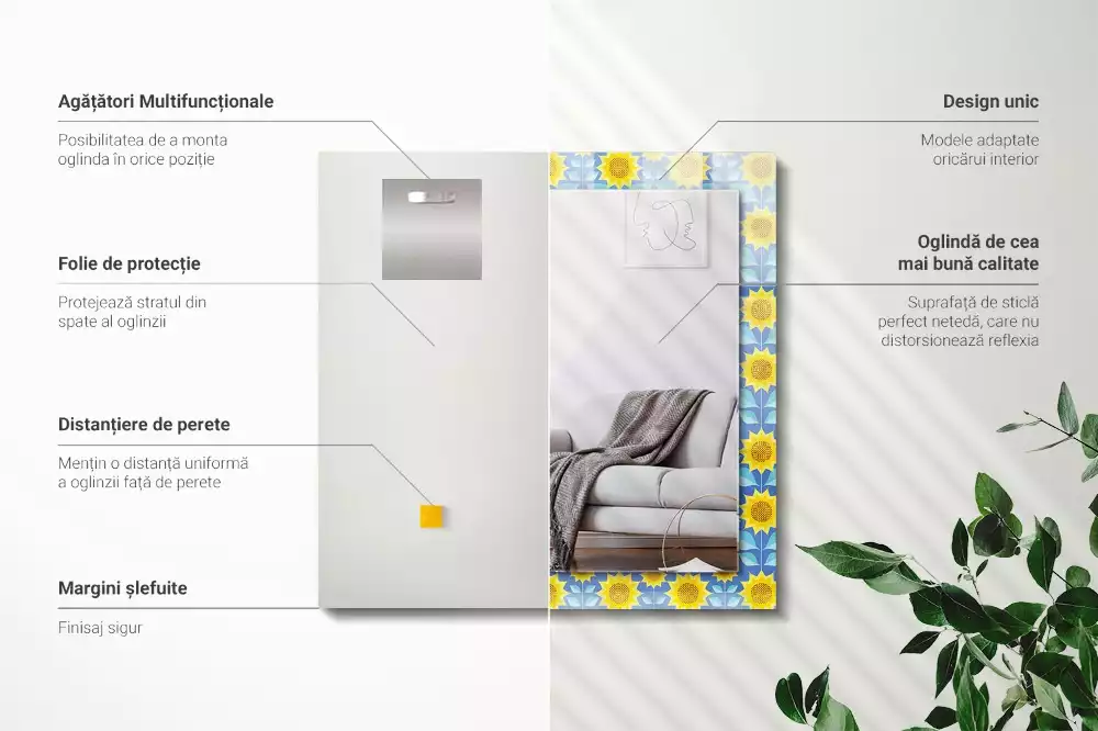 Miroir rectangulaire avec cadre imprimé motif tournesols et feuilles