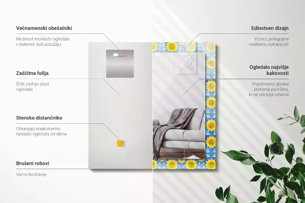 Miroir rectangulaire avec cadre imprimé motif tournesols et feuilles