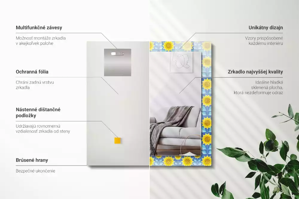 Miroir rectangulaire avec cadre imprimé motif tournesols et feuilles