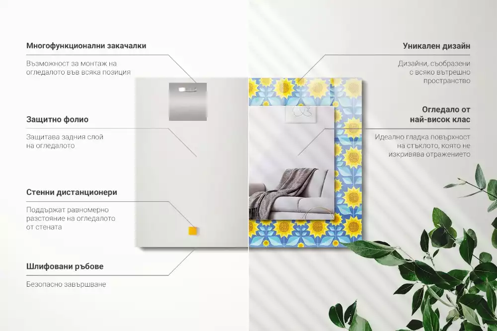 Miroir rectangulaire avec cadre imprimé motif tournesols et feuilles