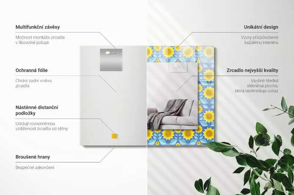 Miroir rectangulaire avec cadre imprimé motif tournesols et feuilles