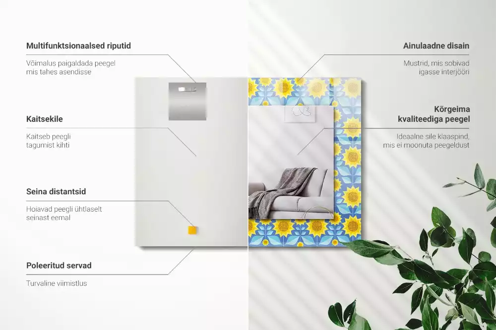 Miroir rectangulaire avec cadre imprimé motif tournesols et feuilles