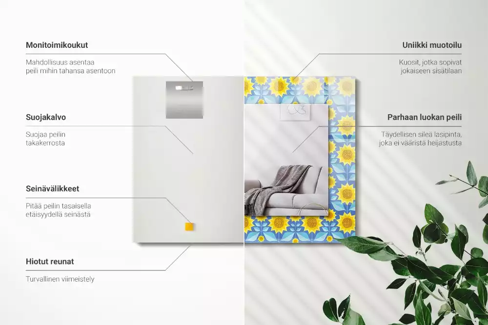 Miroir rectangulaire avec cadre imprimé motif tournesols et feuilles