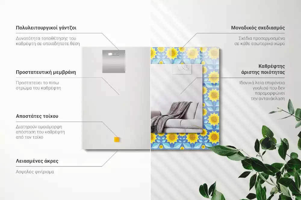 Miroir rectangulaire avec cadre imprimé motif tournesols et feuilles