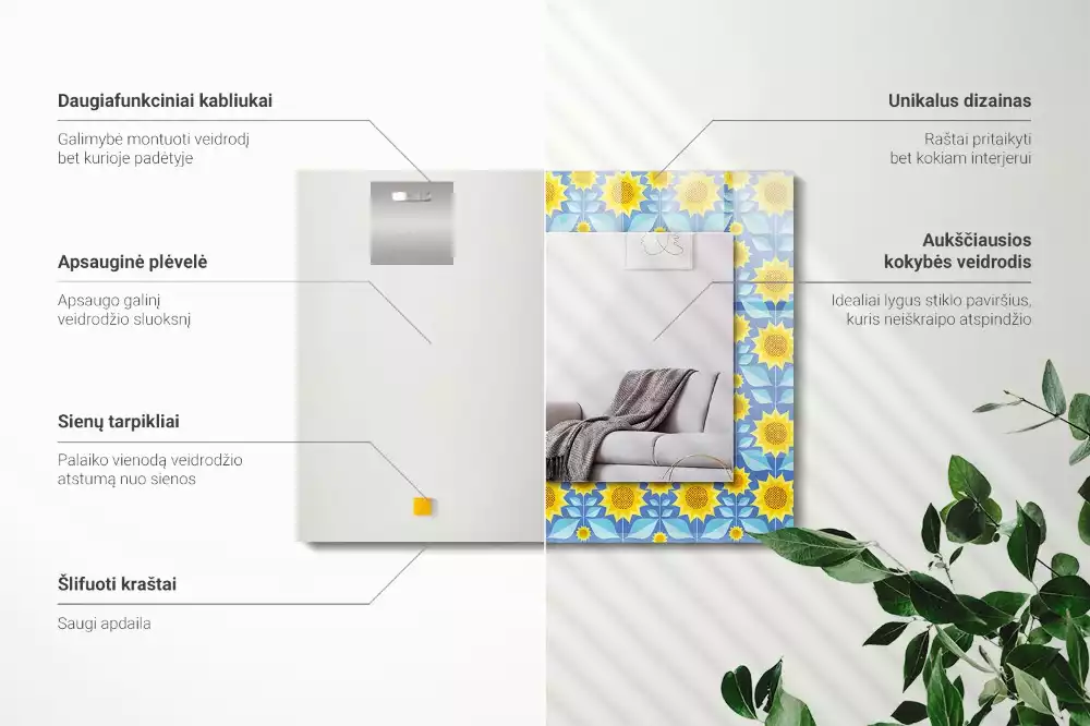 Miroir rectangulaire avec cadre imprimé motif tournesols et feuilles