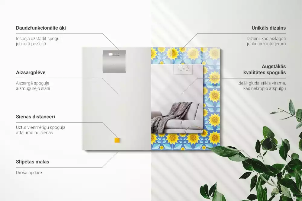 Miroir rectangulaire avec cadre imprimé motif tournesols et feuilles