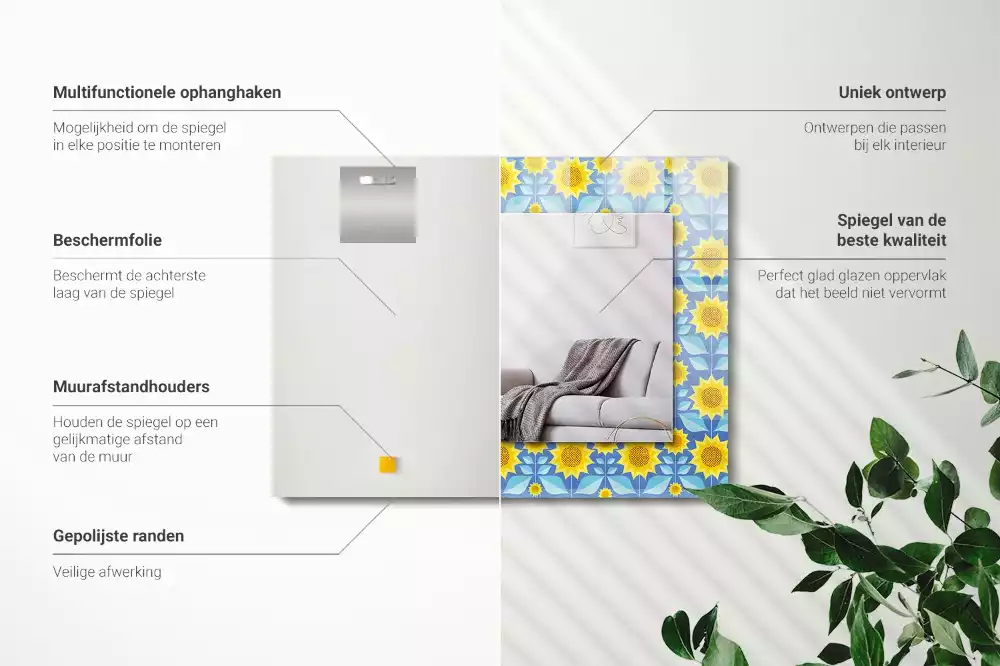 Miroir rectangulaire avec cadre imprimé motif tournesols et feuilles