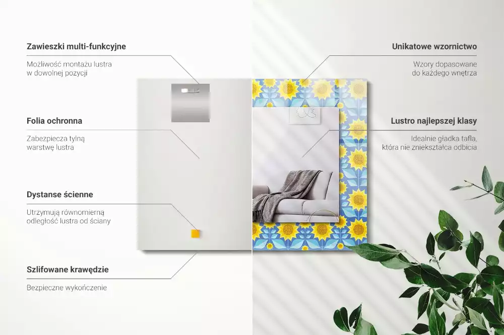 Miroir rectangulaire avec cadre imprimé motif tournesols et feuilles