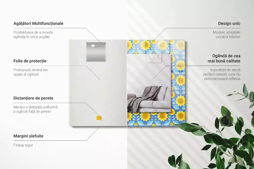 Miroir rectangulaire avec cadre imprimé motif tournesols et feuilles
