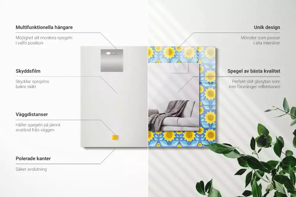 Miroir rectangulaire avec cadre imprimé motif tournesols et feuilles