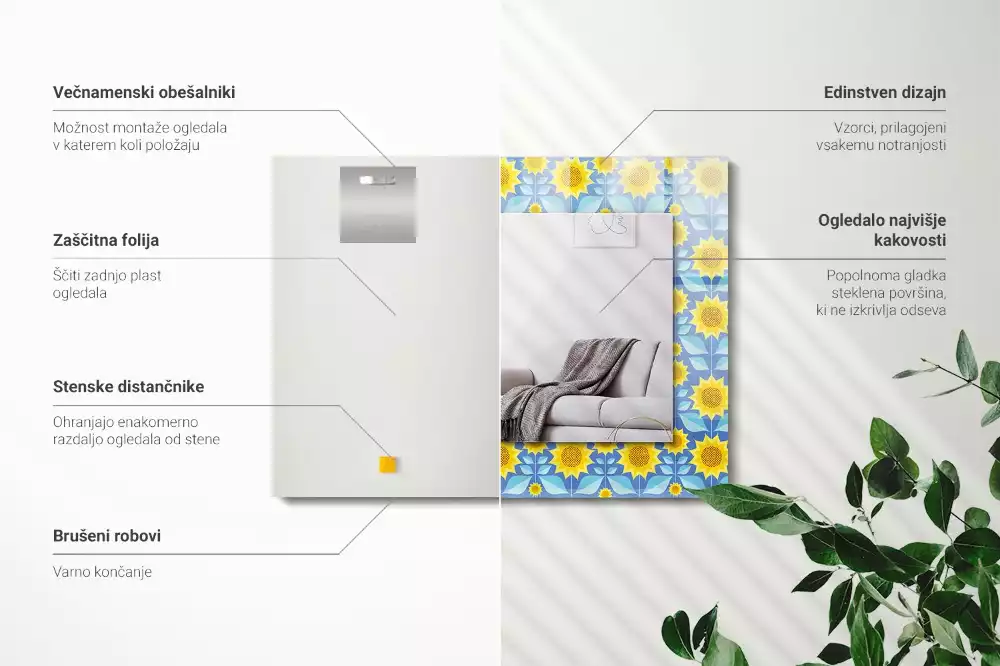Miroir rectangulaire avec cadre imprimé motif tournesols et feuilles
