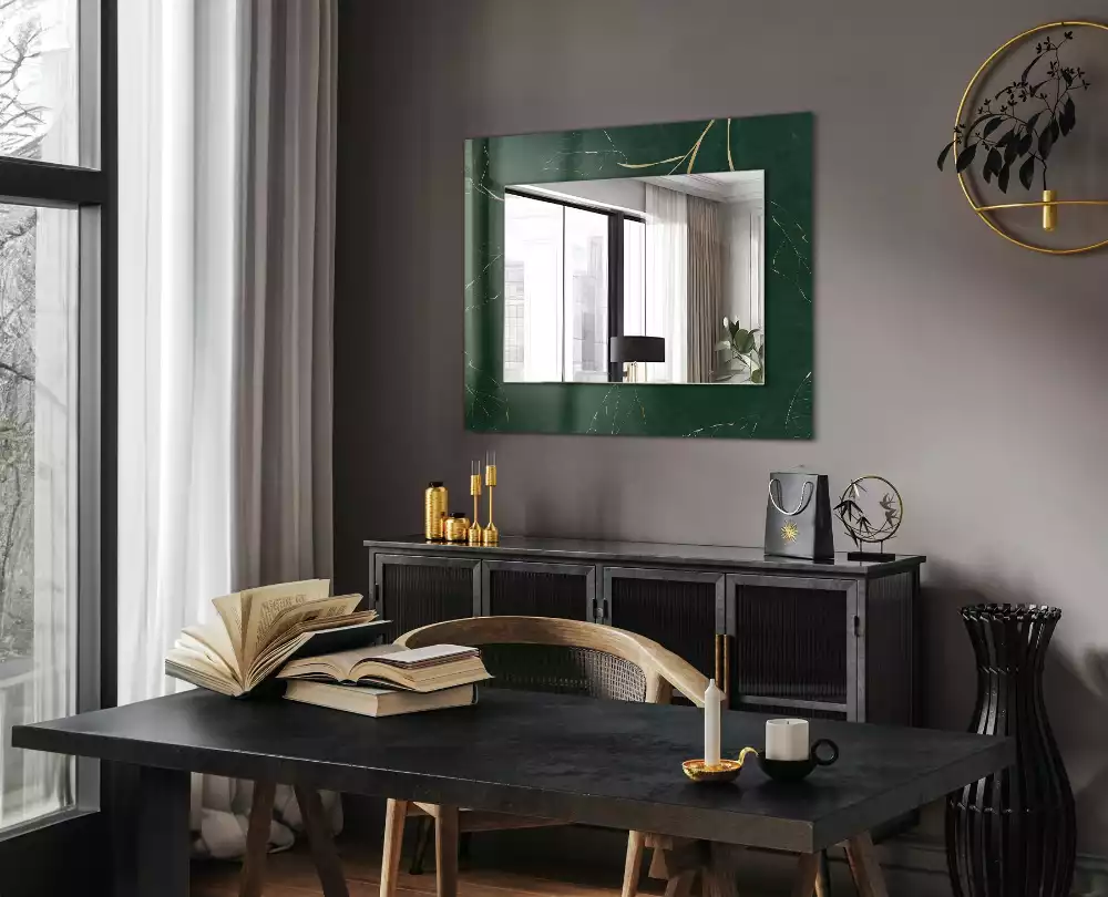 Miroir rectangulaire à cadre imprimé feuilles vert et or