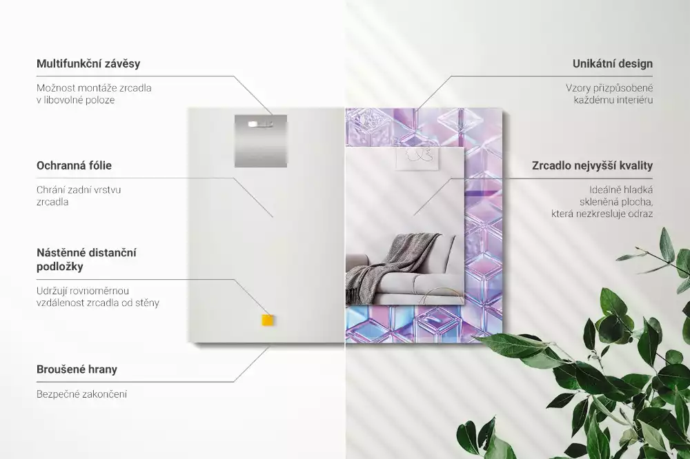 Miroir rectangulaire avec cadre imprimé cubes colorés transparents