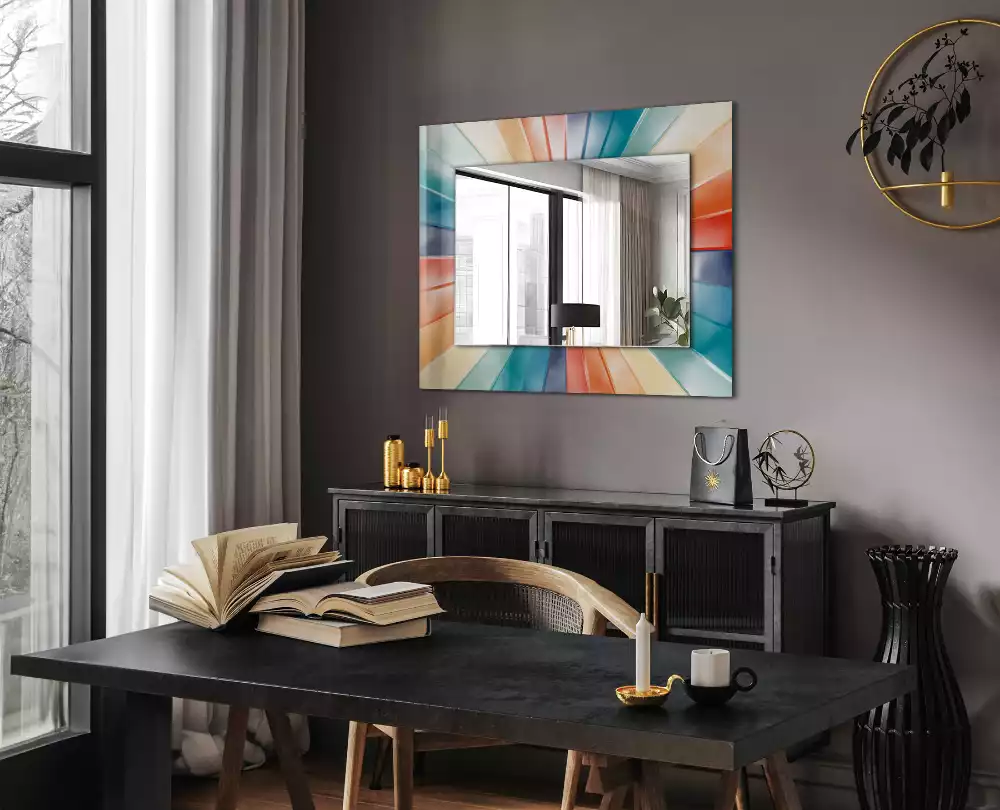 Miroir rectangulaire à cadre imprimé rayons de lumière colorés
