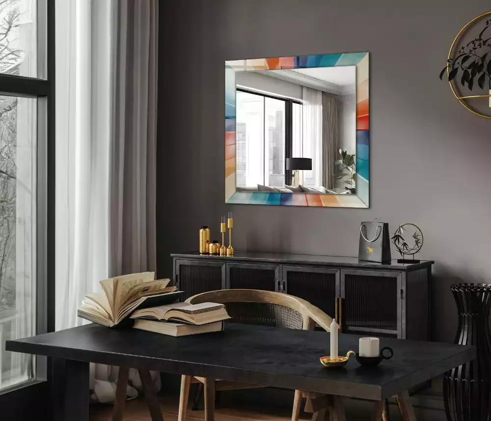 Miroir rectangulaire à cadre imprimé rayons de lumière colorés