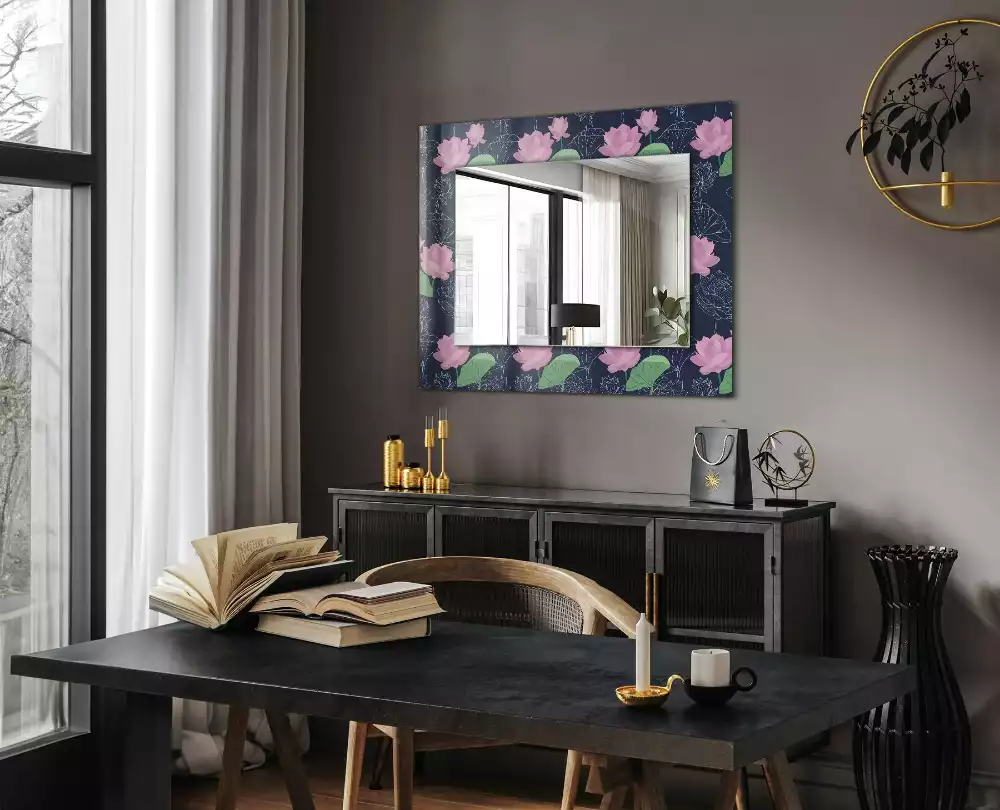Miroir rectangulaire décoratif fleurs de lotus roses
