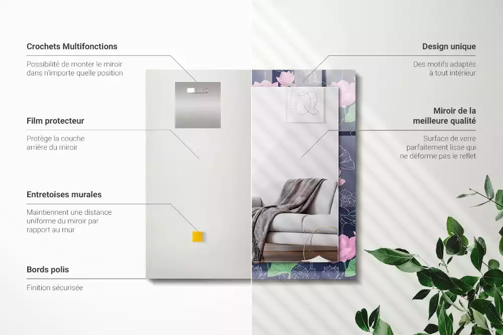 Miroir rectangulaire décoratif fleurs de lotus roses