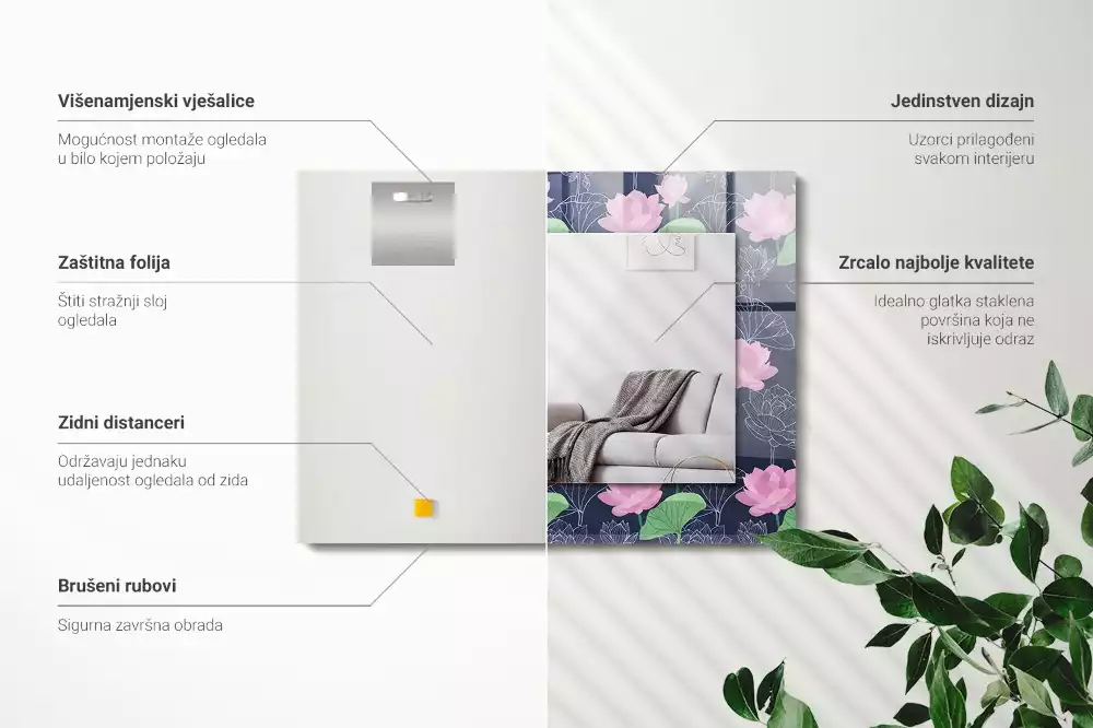 Miroir rectangulaire décoratif fleurs de lotus roses