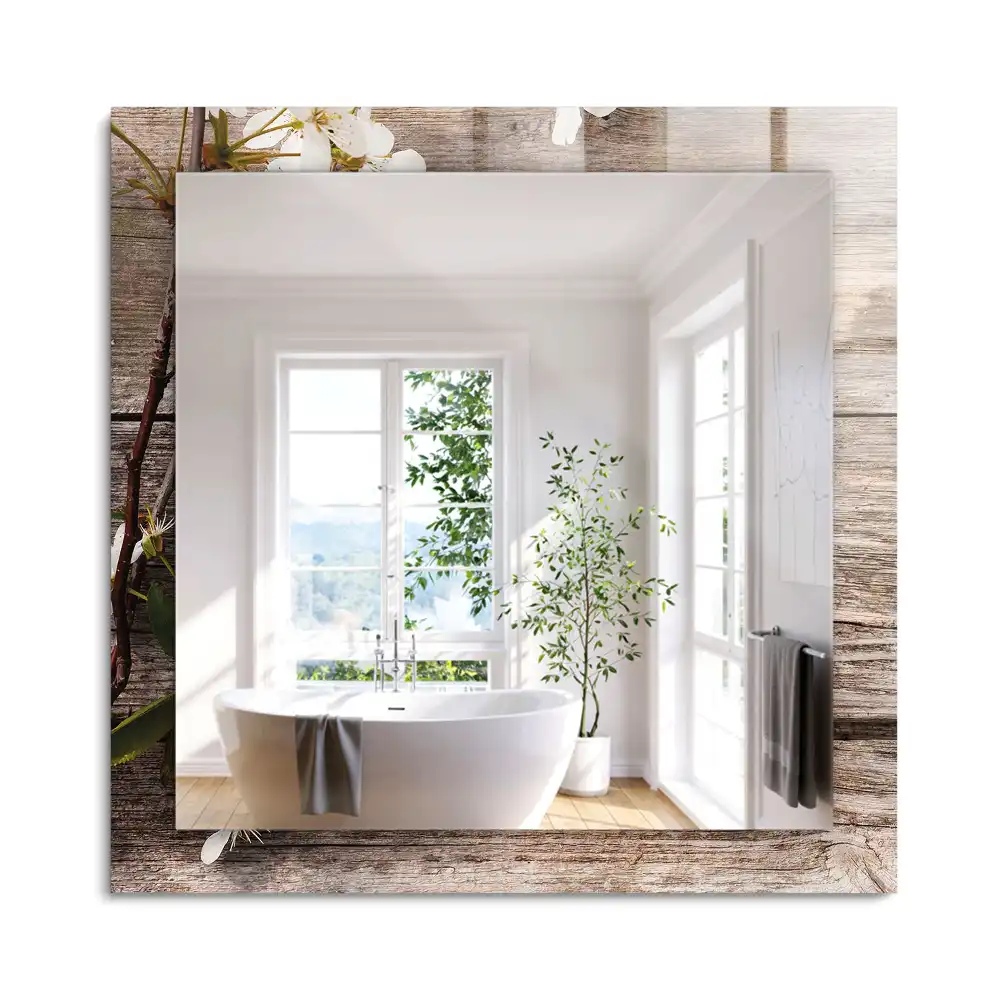 Miroir rectangulaire imprimé fleurs sur fond de bois