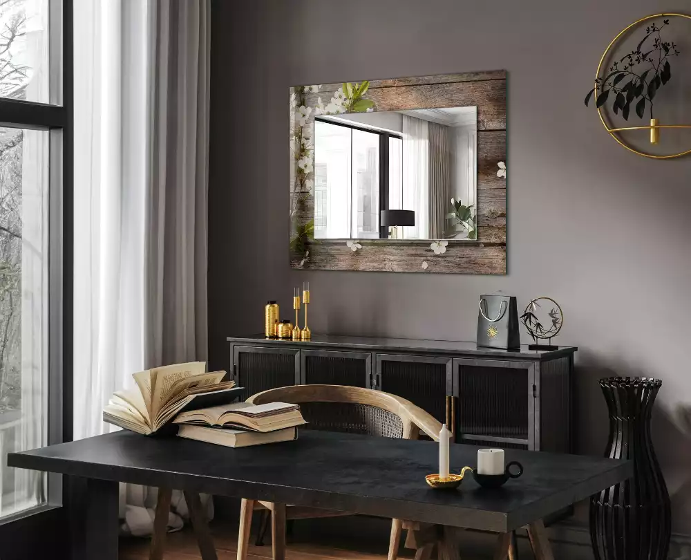 Miroir rectangulaire imprimé fleurs sur fond de bois