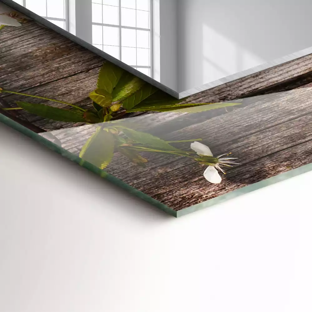 Miroir rectangulaire imprimé fleurs sur fond de bois