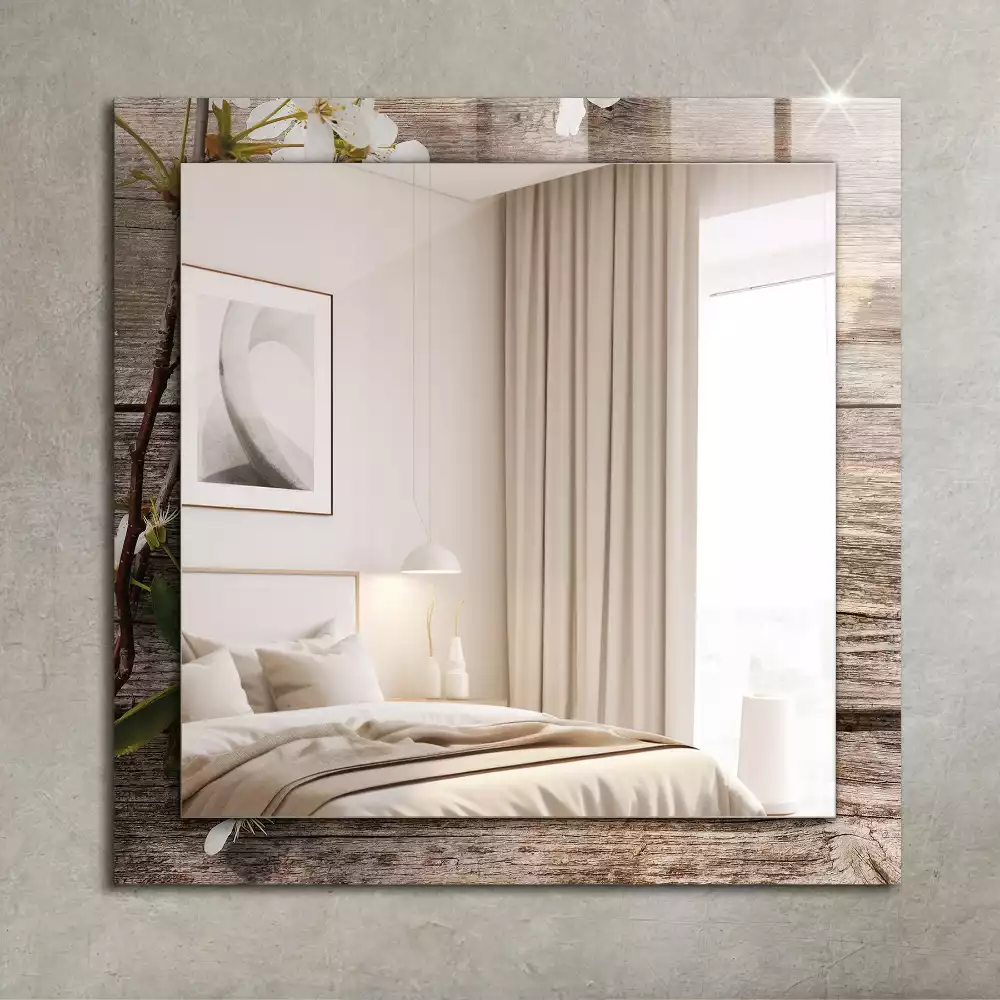 Miroir rectangulaire imprimé fleurs sur fond de bois