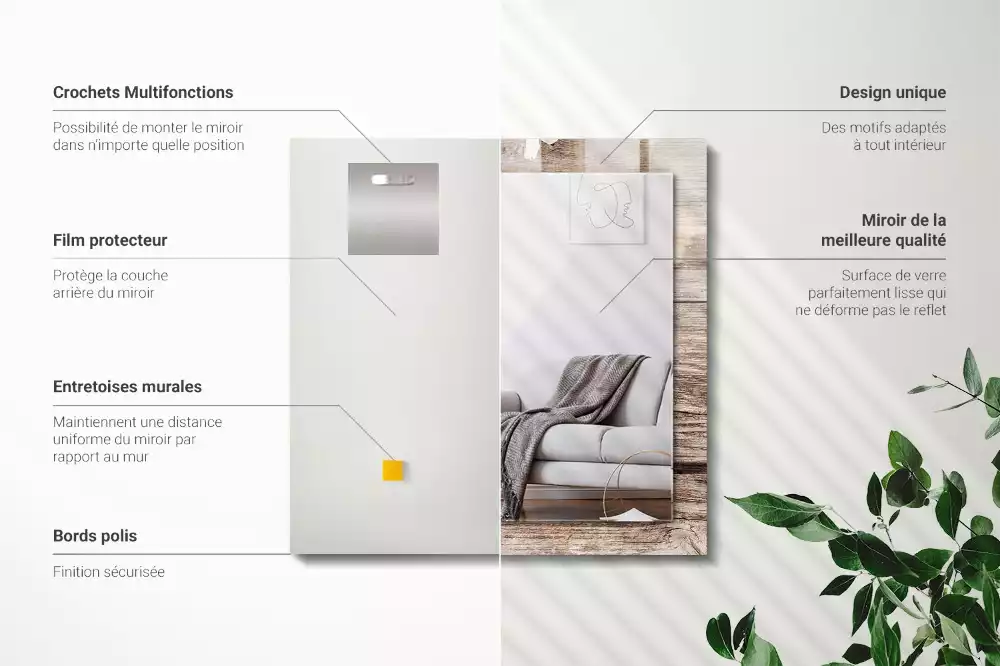 Miroir rectangulaire imprimé fleurs sur fond de bois