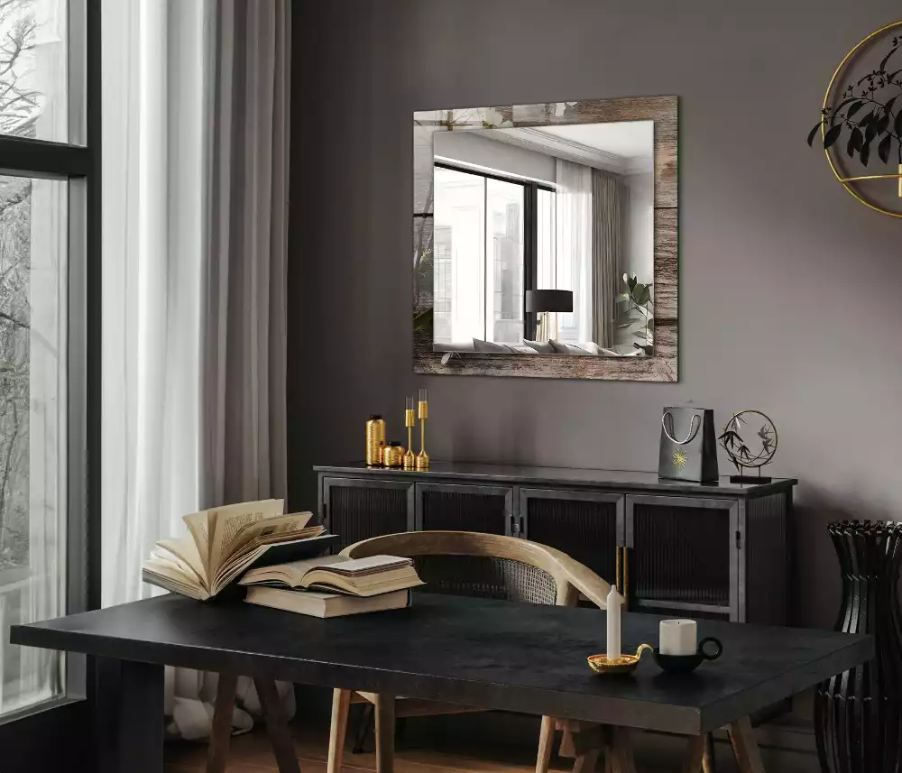 Miroir rectangulaire imprimé fleurs sur fond de bois