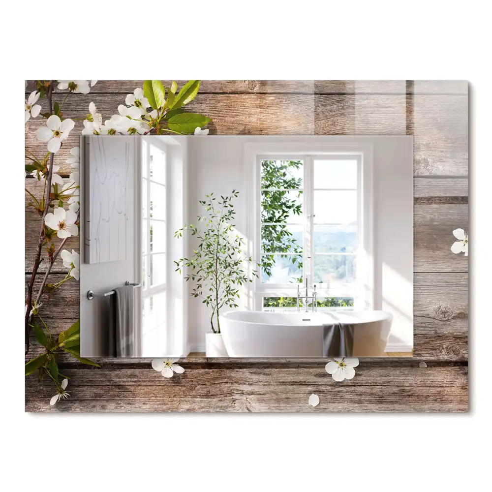 Miroir rectangulaire imprimé fleurs sur fond de bois