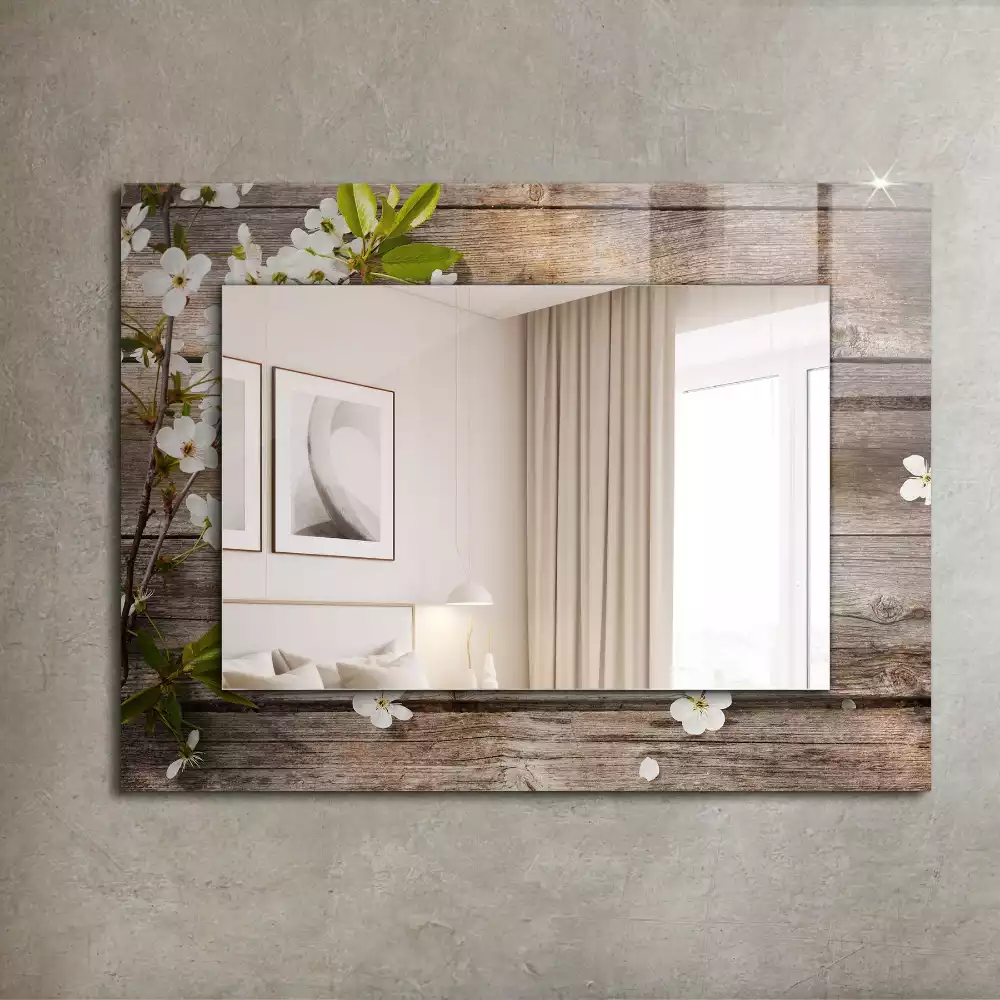 Miroir rectangulaire imprimé fleurs sur fond de bois