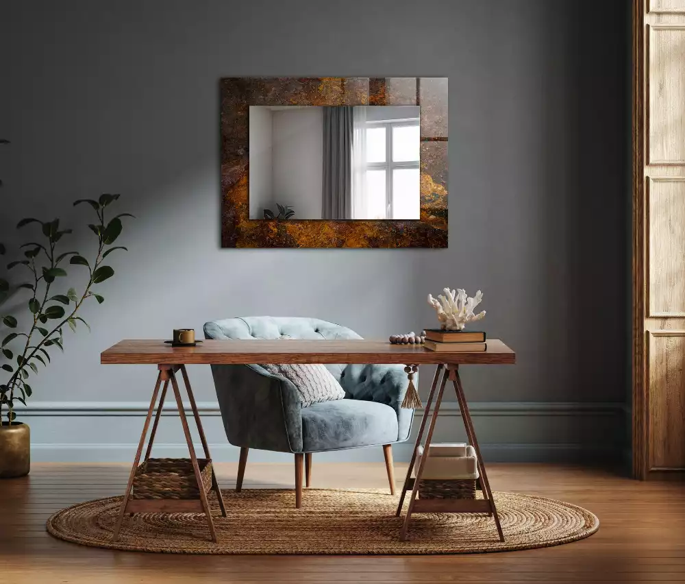 Miroir rectangulaire décoratif imprimé surface métallique rouillée