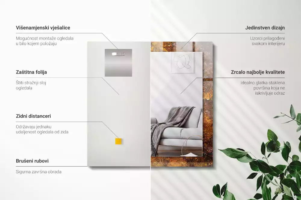 Miroir rectangulaire décoratif imprimé surface métallique rouillée