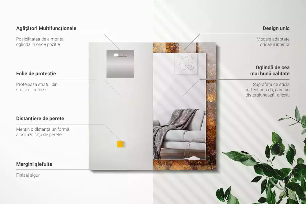 Miroir rectangulaire décoratif imprimé surface métallique rouillée