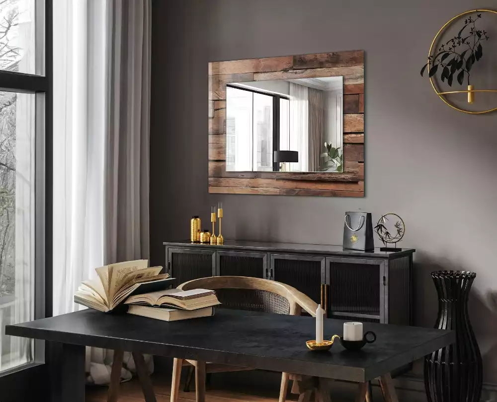 Miroir rectangulaire avec cadre imprimé mur en panneaux de bois