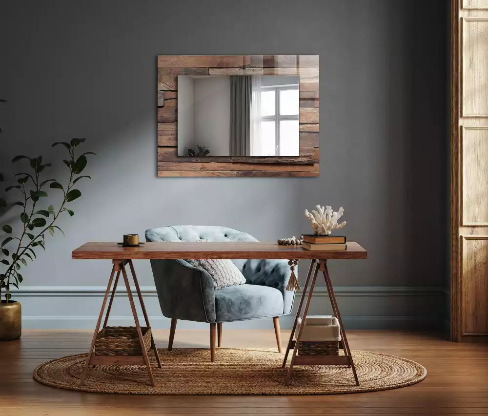 Miroir rectangulaire avec cadre imprimé mur en panneaux de bois