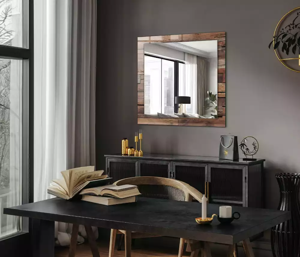 Miroir rectangulaire avec cadre imprimé mur en panneaux de bois