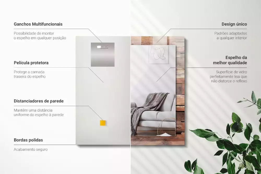 Miroir rectangulaire avec cadre imprimé mur en panneaux de bois