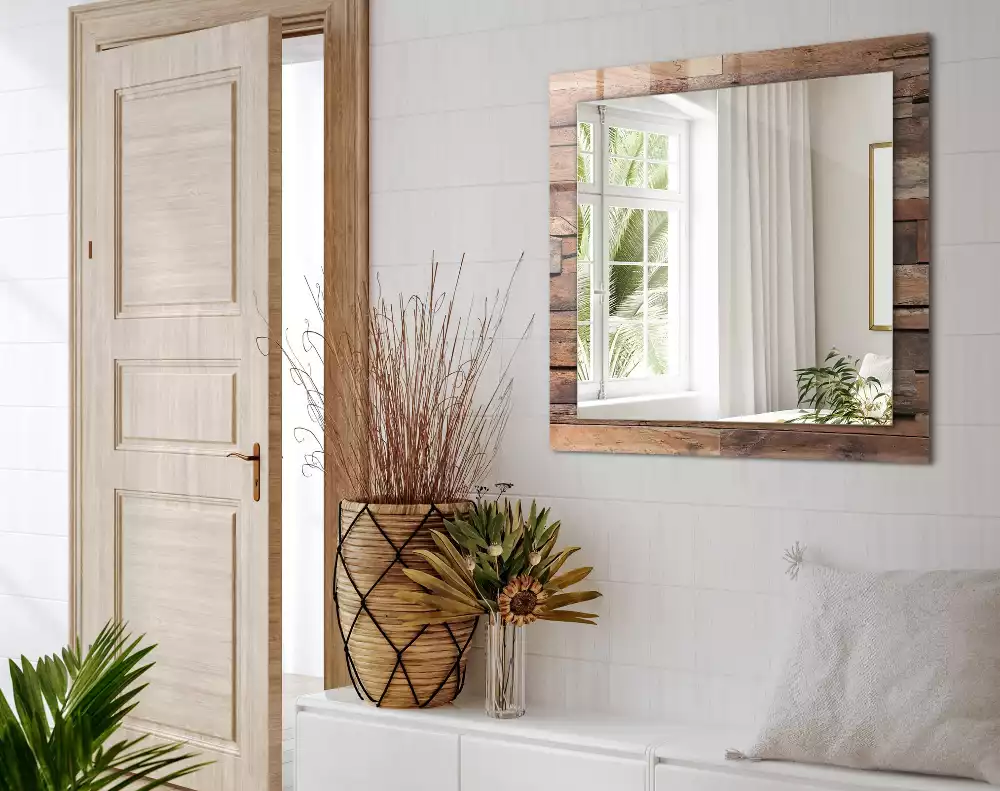 Miroir rectangulaire avec cadre imprimé mur en panneaux de bois