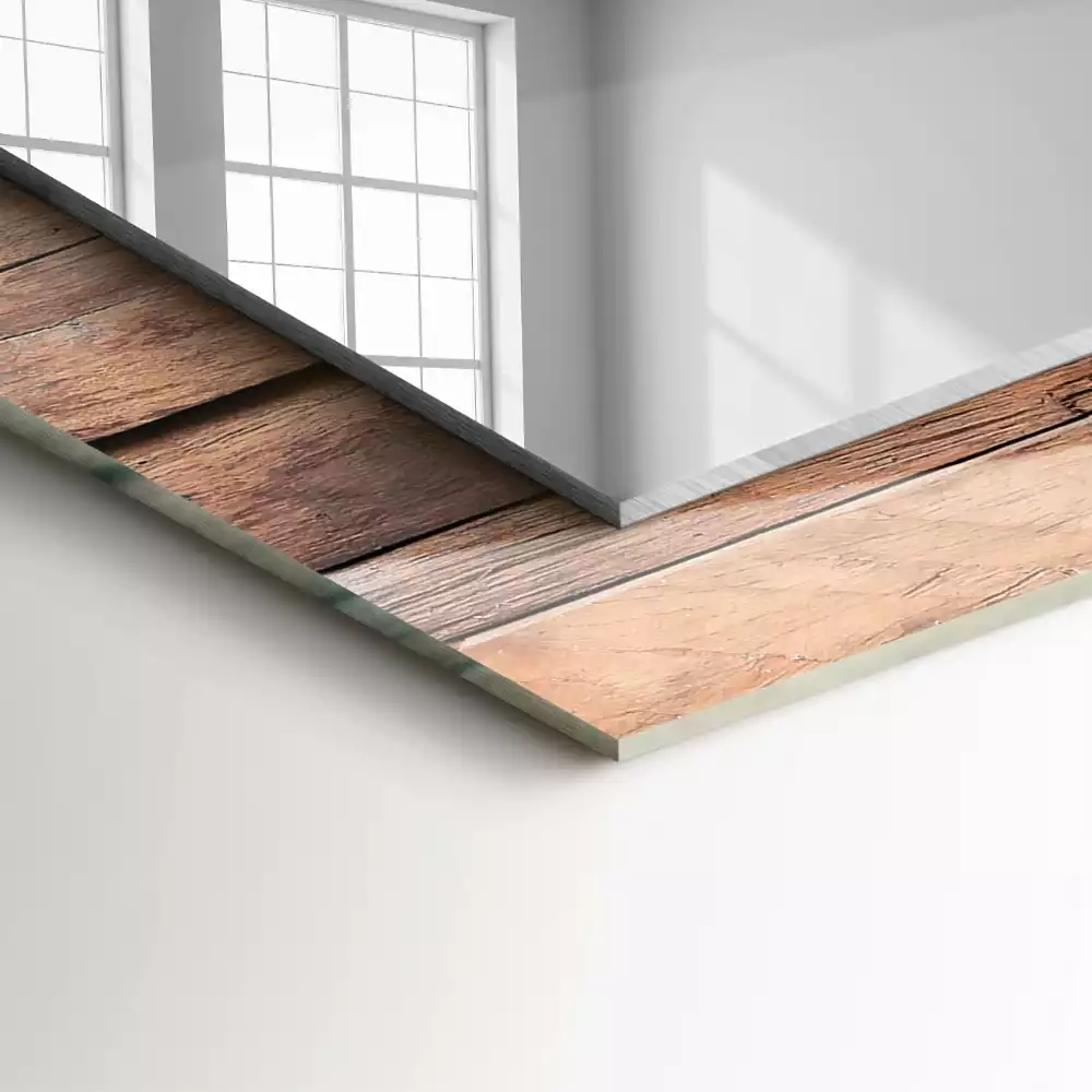 Miroir rectangulaire avec cadre imprimé mur en panneaux de bois