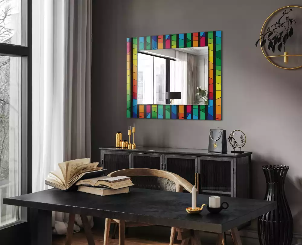 Miroir rectangulaire à cadre imprimé rayures colorées en vitrail