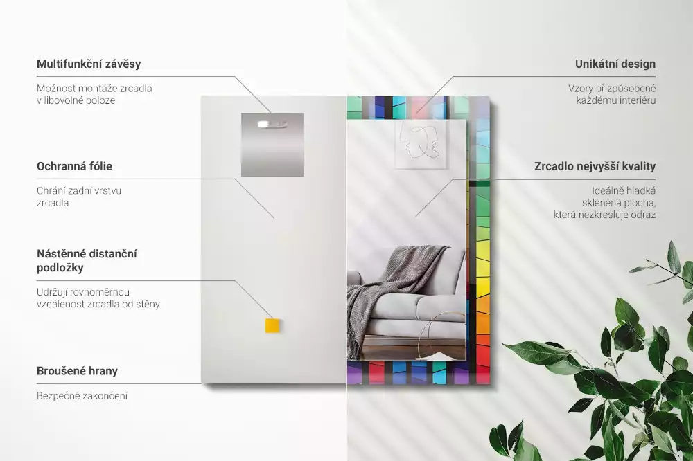 Miroir rectangulaire à cadre imprimé rayures colorées en vitrail