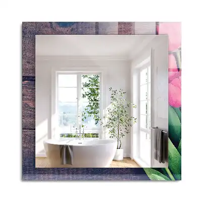 Miroir rectangulaire décoratif tulipes roses sur bois