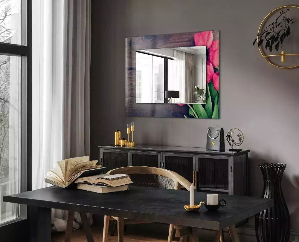Miroir rectangulaire décoratif tulipes roses sur bois