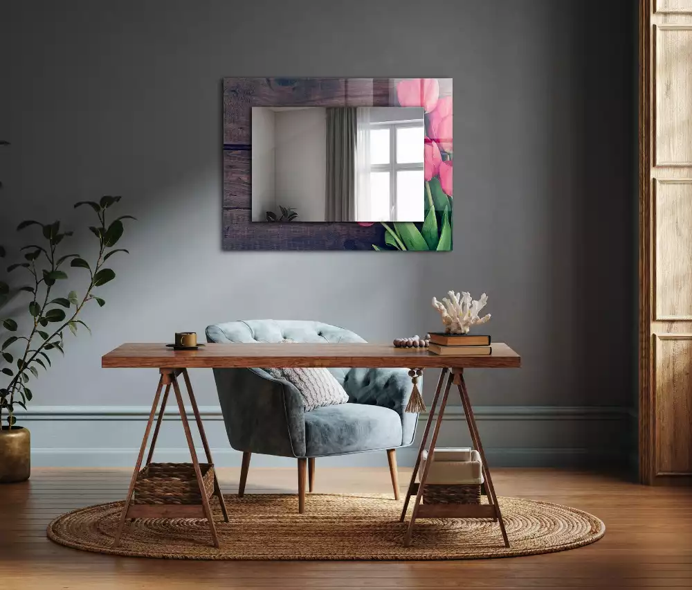 Miroir rectangulaire décoratif tulipes roses sur bois