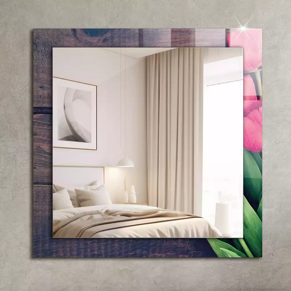 Miroir rectangulaire décoratif tulipes roses sur bois
