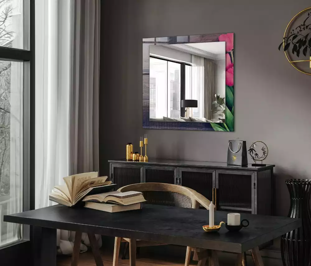 Miroir rectangulaire décoratif tulipes roses sur bois