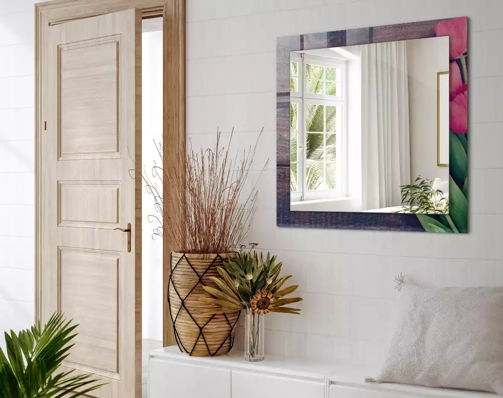 Miroir rectangulaire décoratif tulipes roses sur bois