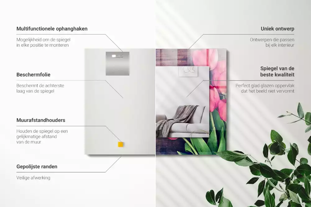 Miroir rectangulaire décoratif tulipes roses sur bois