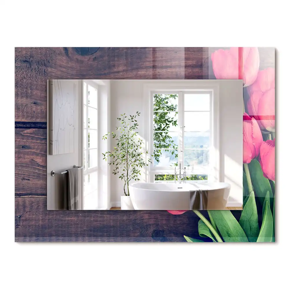 Miroir rectangulaire décoratif tulipes roses sur bois