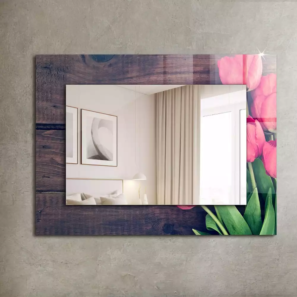 Miroir rectangulaire décoratif tulipes roses sur bois